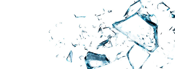 Shattered Glass Pieces Exploding,  Transparent Background,  Isolated fragments of blue glass on white backdrop.