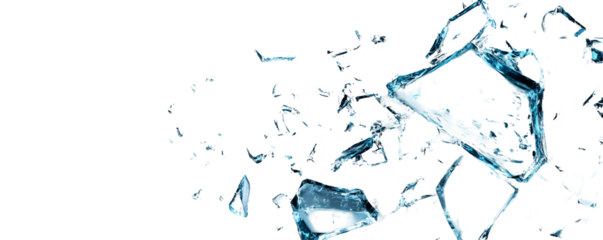 Shattered Glass Pieces Exploding,  Transparent Background,  Isolated fragments of blue glass on white backdrop.