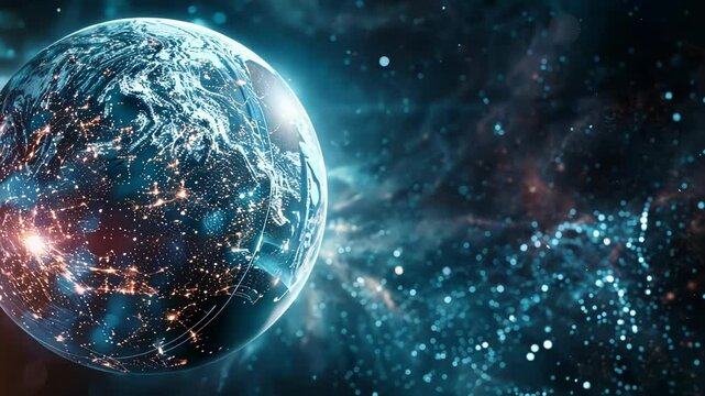 Planet earth is rotating in space with futuristic connections and data transfer, representing global communication and advanced technologies