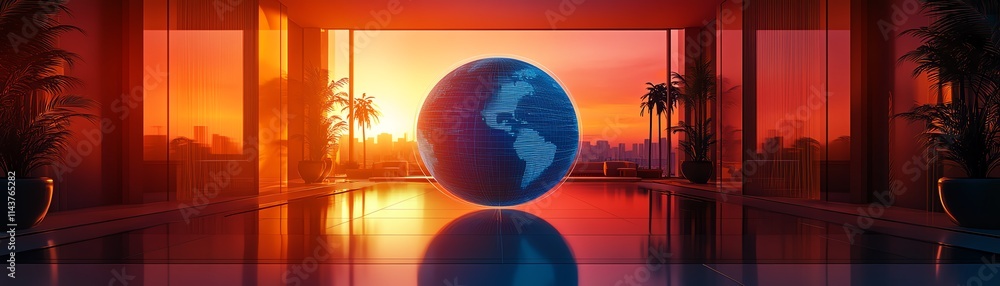 Poster abstract global network illustration, vector world globe with interconnected lines symbolizing inter