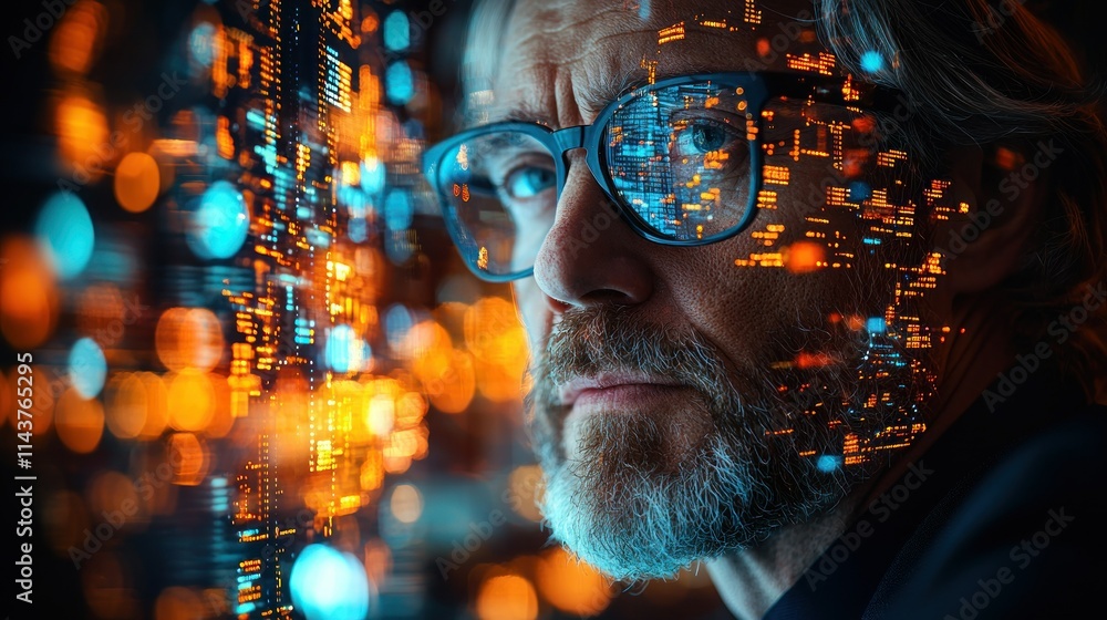 Poster portrait of a man with digital data overlay.
