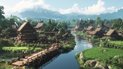 Fototapeta premium Serene mountain village with river, wooden houses, bridge, lush greenery, and rice paddies under a bright sky.