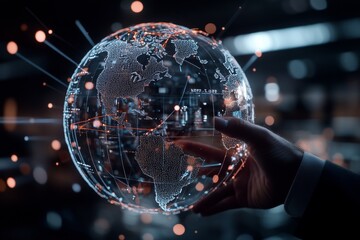 An intricate digital globe showing interconnected networks and global data streams, signifying international communication and technology's reach, bathed in light.