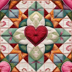 Naklejka premium Love Stitched in Patchwork: A heart sewn with love, nestled in the center of a vibrant, geometric patchwork quilt, symbolizing the enduring bonds of affection and the beauty of handmade crafts.