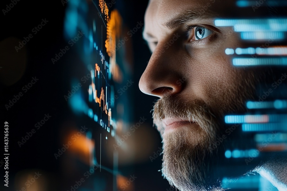 Poster a close-up of a thoughtful individual analyzing digital data, representing the intersection of techn