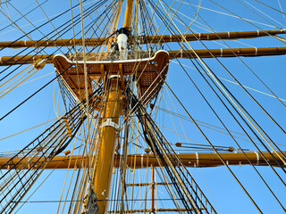 Ropes stretched across the masts of an old ship