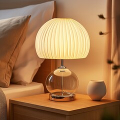 A modern bedside table lamp with a glass globe shaped base