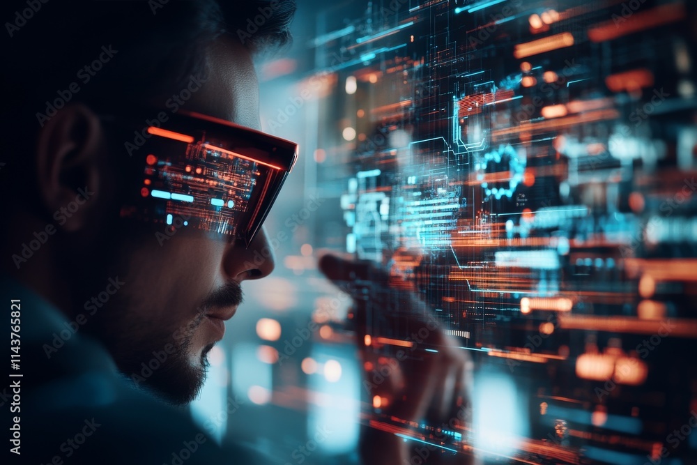 Poster a man wearing futuristic augmented reality glasses intently explores a digital data stream, represen