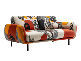 Cozy fabric sofa with modern print in vibrant colors and patterns