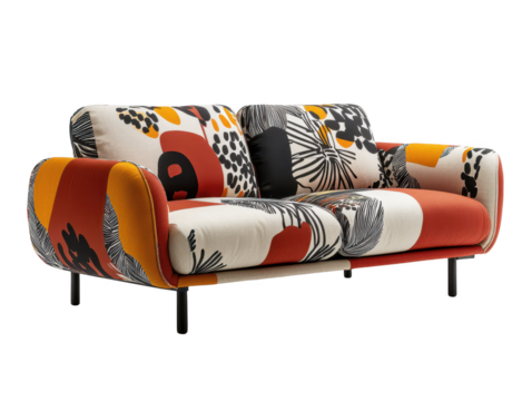 Cozy fabric sofa with modern print in vibrant colors and patterns