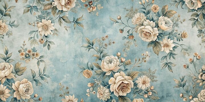 Fototapeta Elegant Vintage Floral Pattern Design with Soft Hues and Detailed Botanical Illustrations on a Textured Background