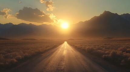 Empty road leading toward the mountains with the sun rising ahead symbolizing a new journey