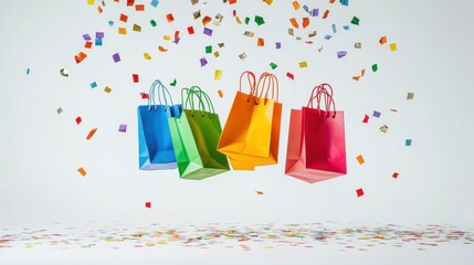 Colorful shopping bags falling with christmas tree on color background,holiday shopping online season,holiday winter shopping bags and gift boxes,space for text.