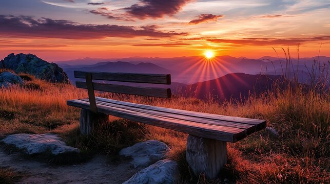 A rustic wooden bench on a mountain trail, with a romantic sunset view, waiting for a couple to enjoy the moment 