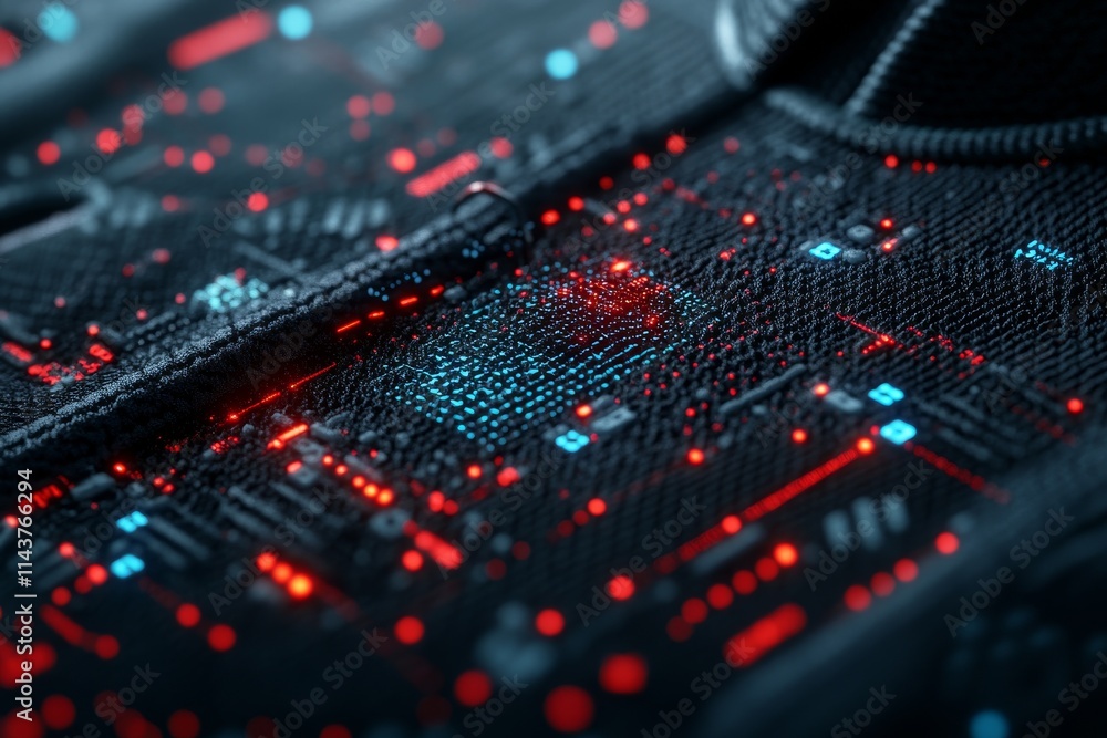 Poster a detailed close-up depicting a circuit board's complex pattern illuminated with red lights, reflect