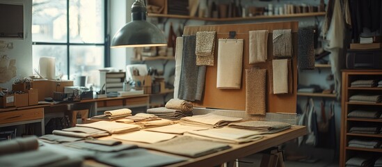 Fototapeta premium A well-lit workshop with a wooden table filled with fabric samples and a large window behind.