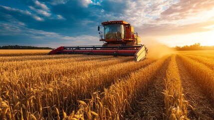 Fototapeta premium Harvester in golden wheat field at sunset. Concept of agriculture, harvest, and farming.