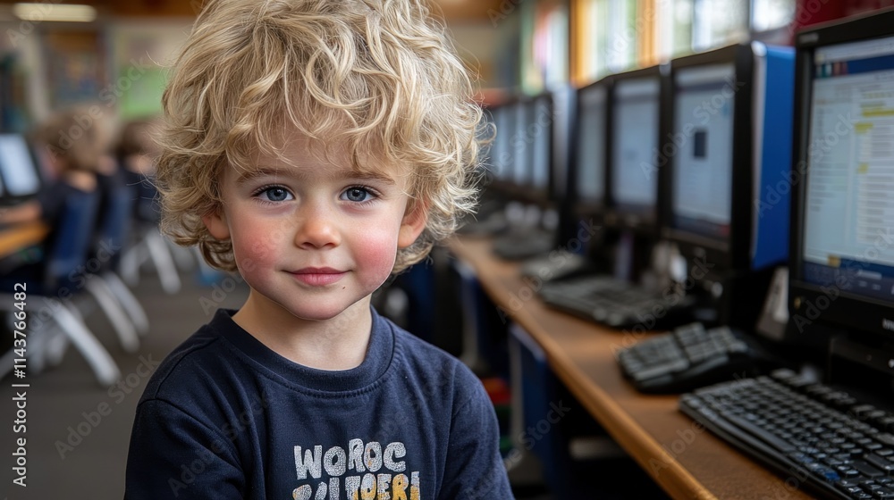 Aufkleber young child smiling in a computer lab setting.