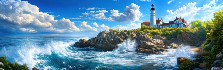 A breathtaking view of Portland Head Lighthouse against a vibrant sky and crashing waves on the rugged Maine coastline