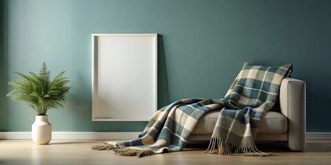 Modern living room interior design featuring a cozy armchair with a textured throw blanket, a potted plant, and a large blank frame against a teal wall.