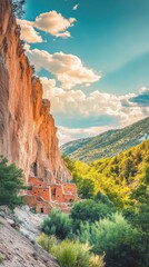 Colorful cliffs rise majestically above lush greenery under a vibrant blue sky at sunset in a...