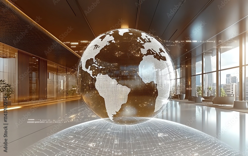 Poster global business concept 3d, world globe with dynamic data lines representing worldwide communication