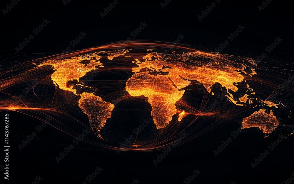 Poster global business concept 3d, world globe with dynamic data lines representing worldwide communication
