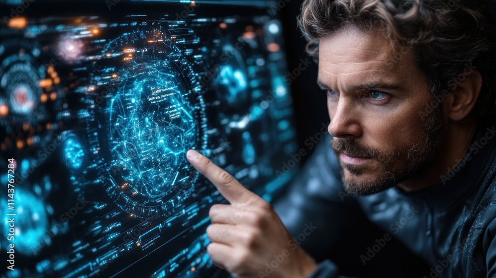 Aufkleber man interacting with a futuristic digital interface.