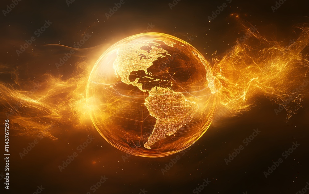 Poster global business concept 3d, world globe with dynamic data lines representing worldwide communication