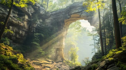 Explore the breathtaking natural arch of Red River Gorge illuminated by morning sunlight and surrounded by lush greenery