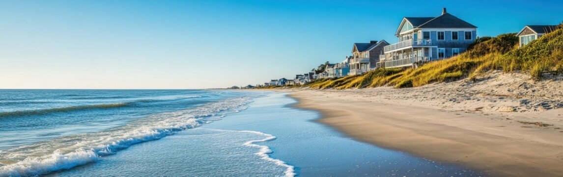 Breathtaking view of the Cape Cod coastline at sunrise with sandy beach and charming houses along the shore
