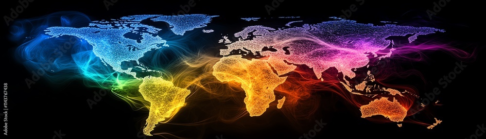 Poster global business connections in 3d, world globe with data flow across continents, information transfe