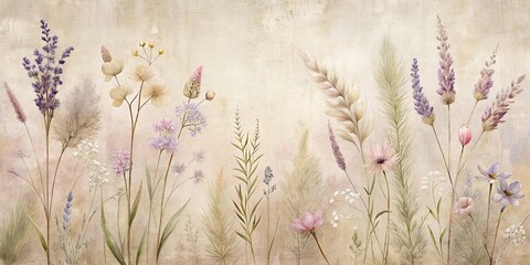 Serene Botanical Arrangement Featuring Delicate Wildflowers and Grasses on a Textured Background
