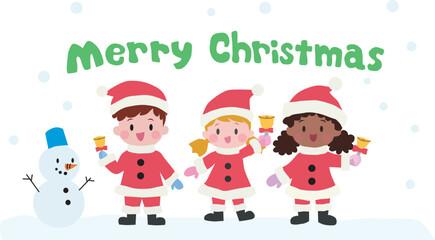 Children wearing Santa costume. snowman. snowing. Merry Christmas text. Vector Illustration.