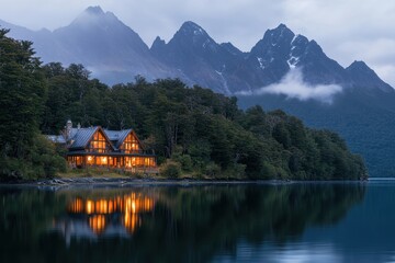 Fototapeta premium Tranquil Lakeside Retreat Nestled amidst Majestic Mountain Splendor at Dusk