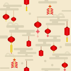 Seamless Pattern with Traditional Lanterns and Firecrackers in the Festive New year theme
