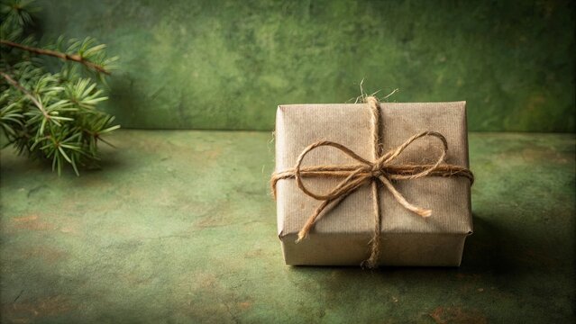 A Simple Rustic Gift Box Tied with Twine on a Green Surface