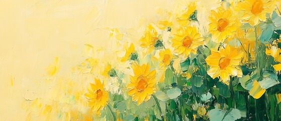 Impressionist oil painting of sunflowers, rich yellow flowers and vibrant green leaves, textured brushwork, natural light highlighting the beauty of the field