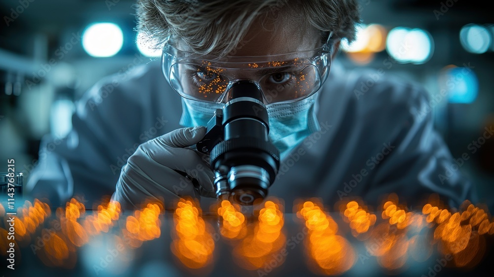 Aufkleber scientist examining samples under a microscope in a lab.