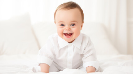 Fototapeta premium Portrait of smiling laughing boy child with Down syndrome white background.