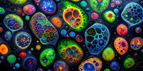 Fototapeta premium Abstract Fluid Art A Kaleidoscope of Vibrant, Interconnected Bubbles and Cosmic Patterns