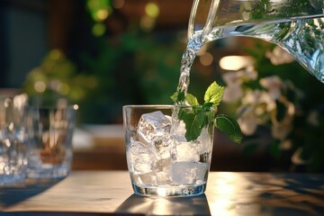 A refreshing scene of a clear glass pitcher pouring water into a glass filled with ice cubes