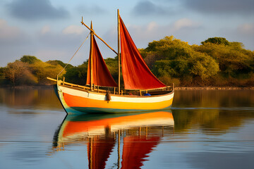 Pristine Waters: A Traditional bk Boat Anchored on a Serene Lake with the Horizon Fringed by Tranquil Shores