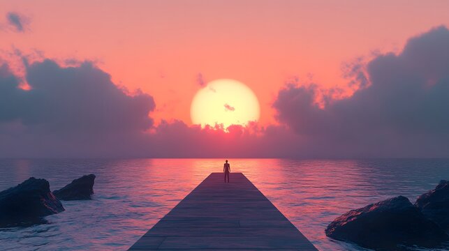 Person standing at the edge of a pier looking at the horizon as the sun rises ready for new beginnings