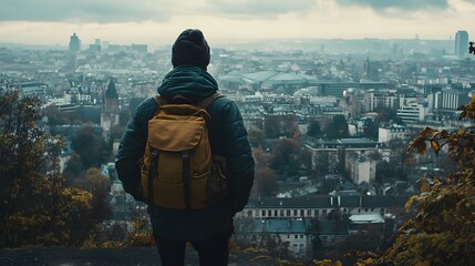 Traveler with a backpack looking out over a city from a viewpoint ready to explore new possibilities
