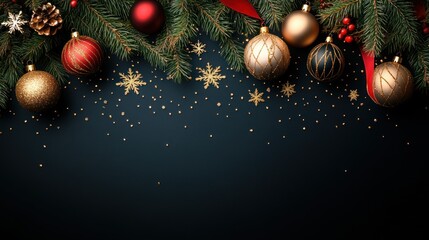 Christmas background with elegant ornaments, fir branches, and golden confetti on dark background.