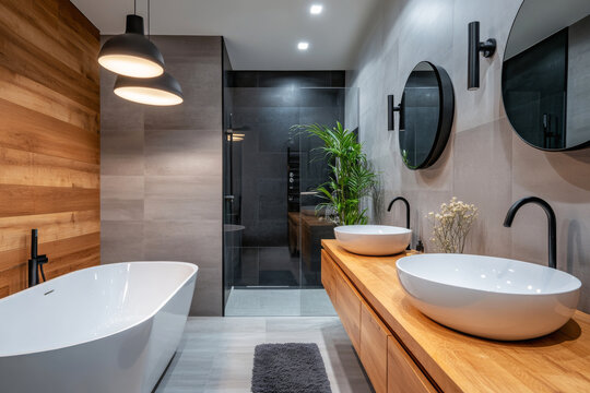 Modern minimalist bathroom interior with two ceramic sinks on wooden countertop, circle mirrors and white bathtub