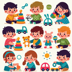 cartoon collection of children happily playing with toys