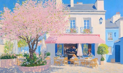Cozy coffee shop oil painting illustration, Generative AI