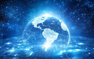 Fototapeta premium Worldwide business concept in 3D, globe with digital connections and information transfer across continents, vibrant futuristic network design, hightech visuals